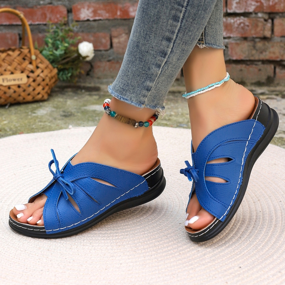 Elegant Blue Women's Open Toe Wedge Sandals with Bow Detail